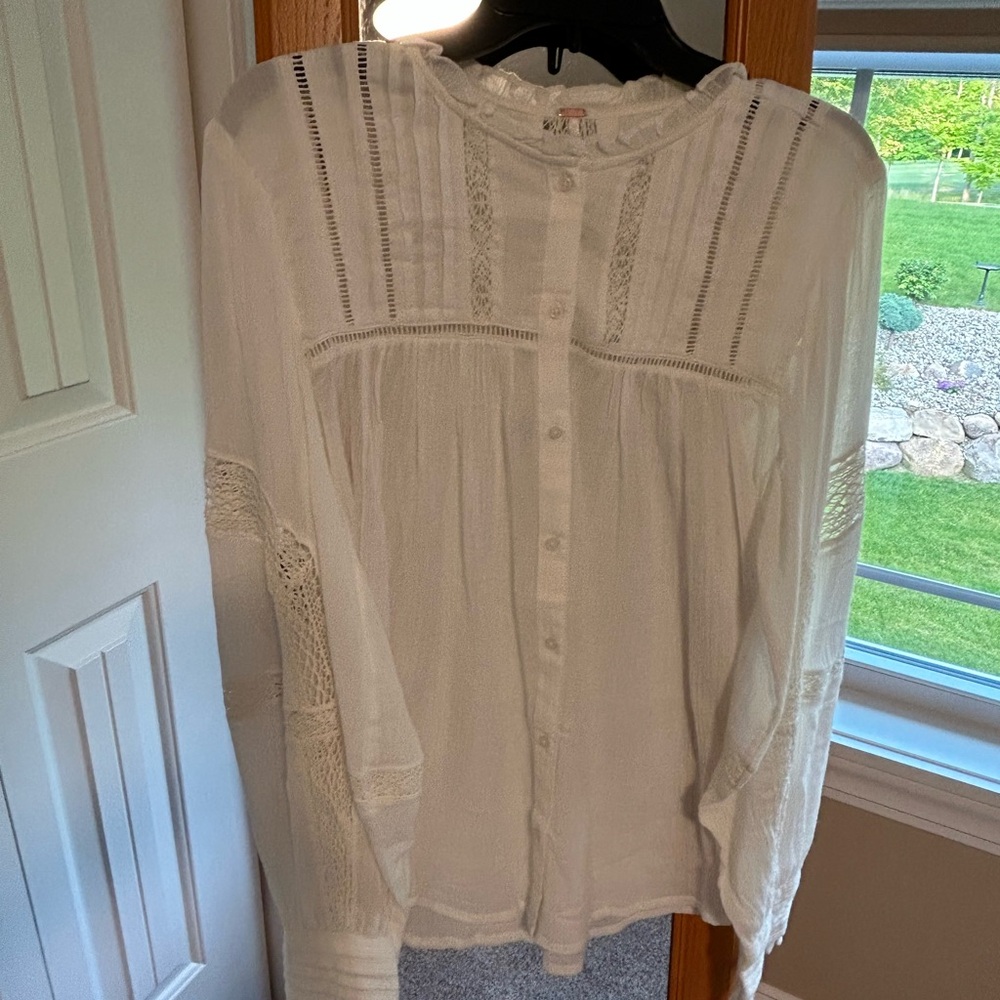 Free People Cream Long Sleeve Blouse with Lace and Crochet Detail